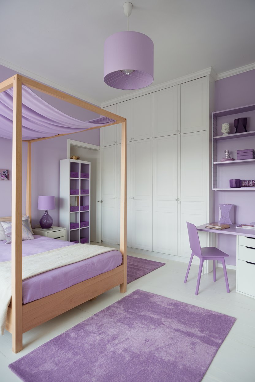 A serene purple bedroom with a wooden canopy bed, a white desk with a purple chair, and a white wardrobe. The room has a purple rug, a purple lampshade, and a white bookshelf with purple items. The walls and the ceiling are white.
