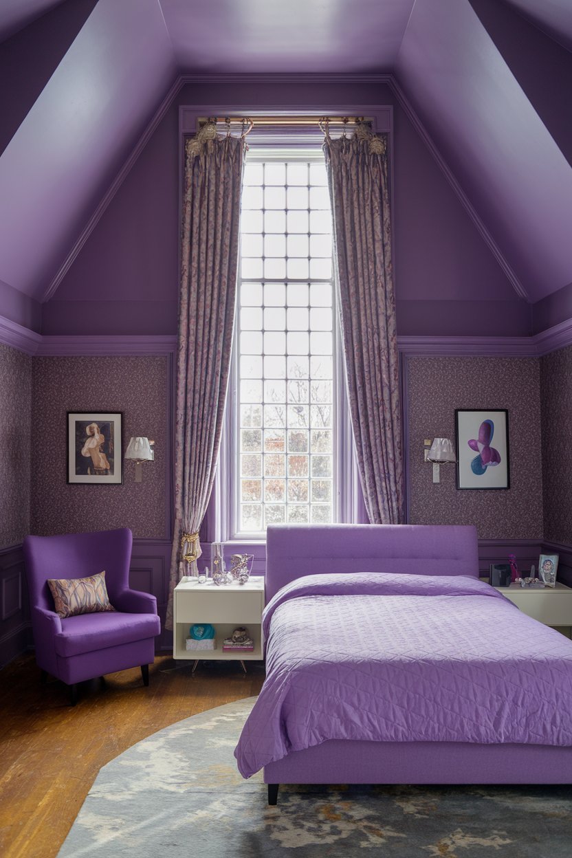 a purple bedroom with a high ceiling. The room has a large window with a curtain. There's a bed with a purple comforter, a white nightstand, and a purple chair near the bed. On the nightstand and the chair, there are a few personal items. The walls have a patterned wallpaper. The floor is hardwood.