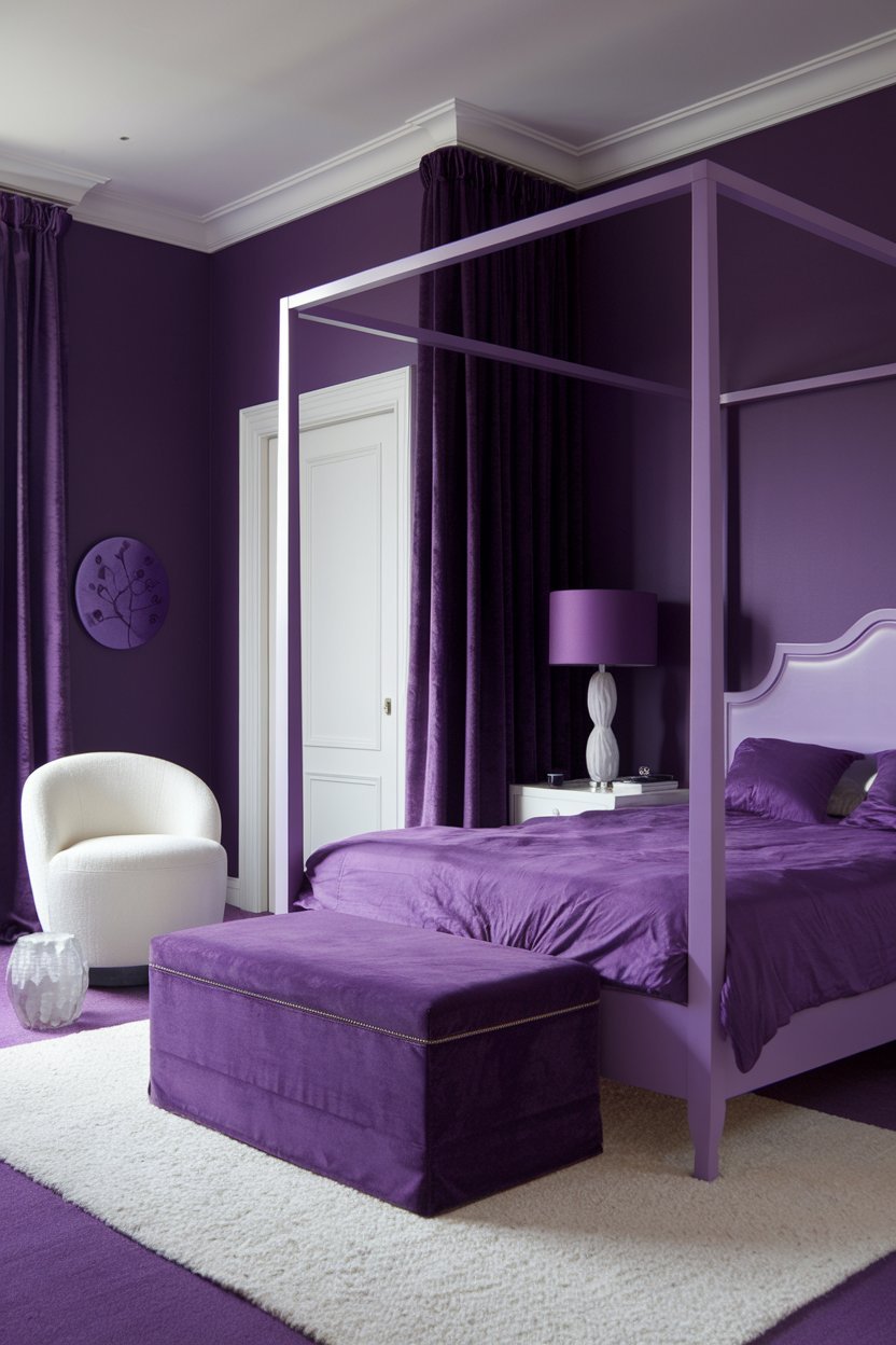 A bedroom with a purple color scheme. The walls are painted a deep purple hue. There's a purple bed with a white frame. A white chair is placed beside the bed. A purple ottoman is placed at the foot of the bed. There's a white nightstand beside the bed. A white lamp with a purple shade is placed on the nightstand. The floor is covered with a white rug. There's a purple curtain near the bed. The room has a white door.