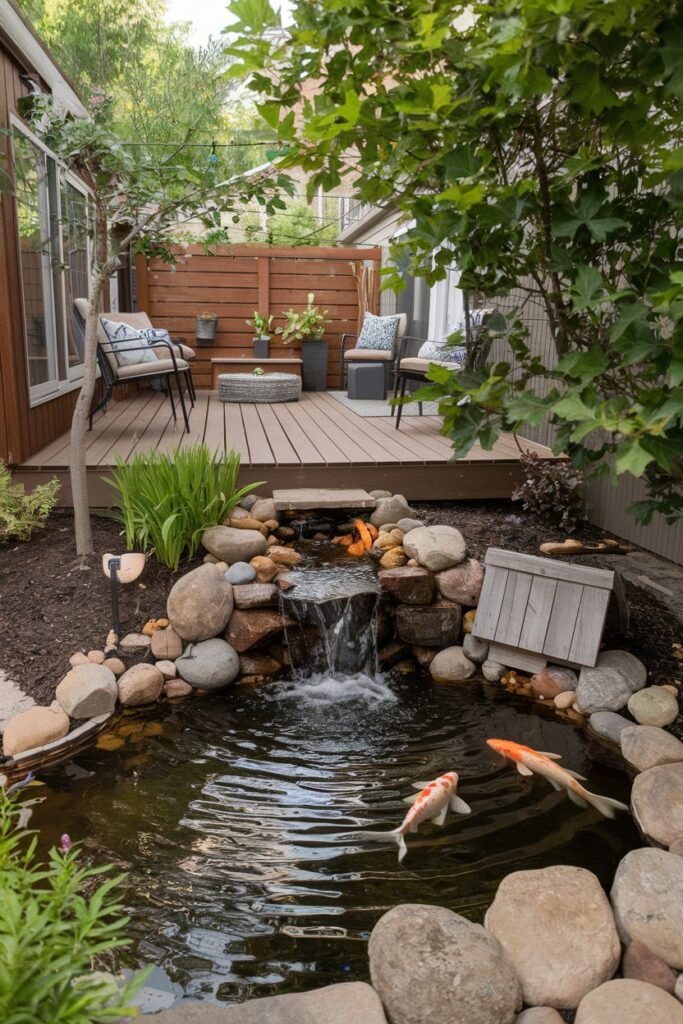 a small backyard with a few landscaping ideas. There's a wooden deck with a few chairs. A small waterfall and pond with koi fish are near the deck. A few rocks and a wooden structure are placed near the pond. The area is surrounded by lush greenery.