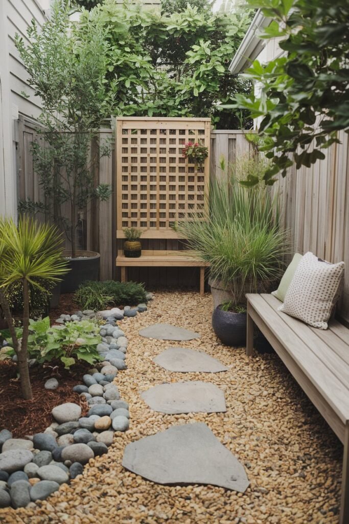 a tiny backyard with a few landscaping ideas. There is a small rock garden, a few potted plants, and a wooden bench. The ground is covered with gravel. There is a wooden trellis in the background. The overall space is serene and peaceful.