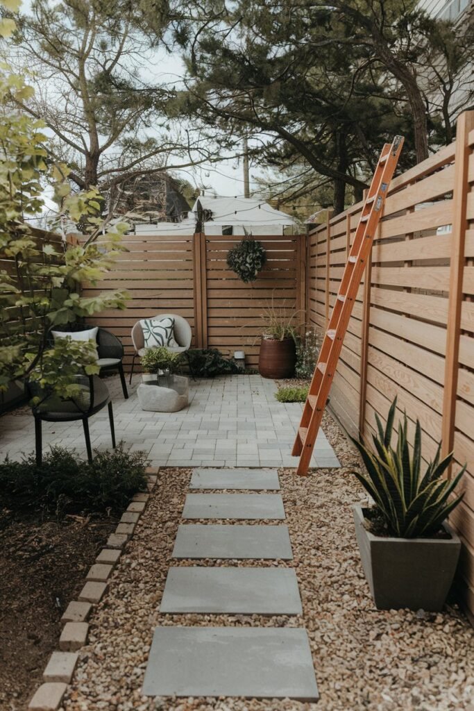 A small backyard with a few landscaping elements: a patio made of pavers, a wooden ladder leaning against a fence, a few chairs, and a potted plant. The fence is made of wooden slats. The ground is covered with gravel. The area is surrounded by trees and shrubs.