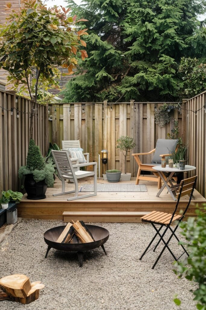 a small backyard with a wooden deck, a few chairs, and a table. There's a fire pit with a few logs nearby. The backyard is surrounded by a wooden fence. There are plants and a lamp on the deck. The ground is covered with gravel.