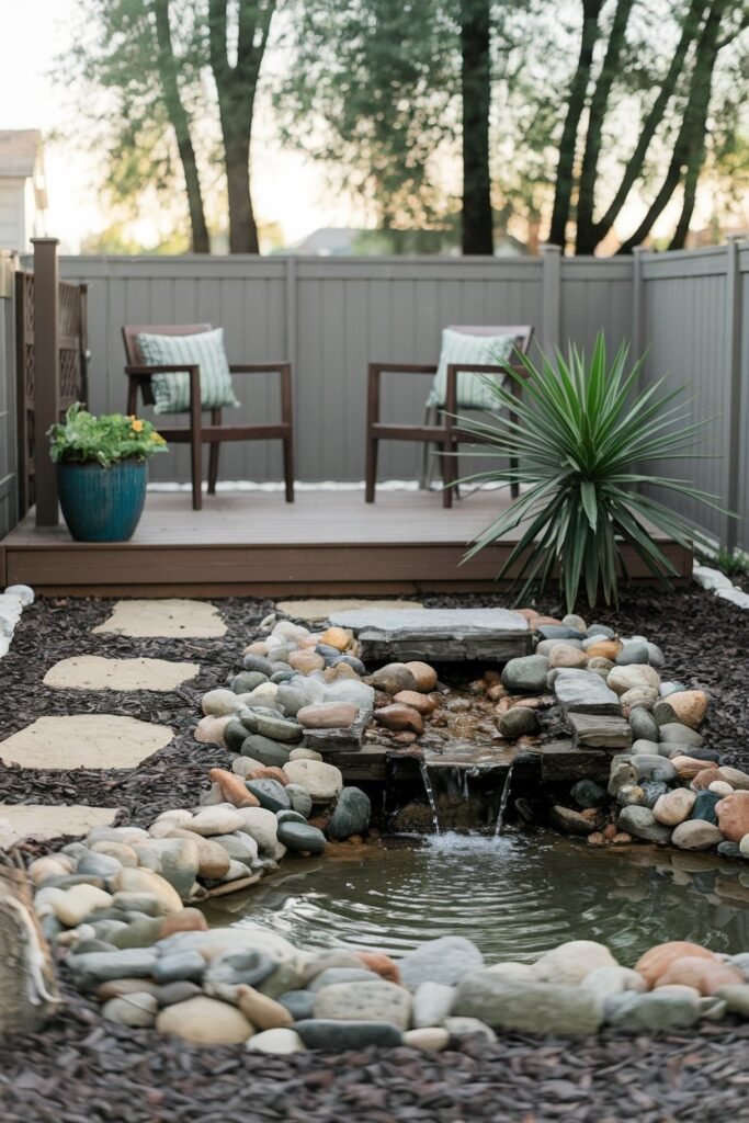 a tiny backyard with a few landscaping ideas. There is a small wooden deck with a few chairs. There is a potted plant near the deck. There is a small rock garden with a few stones. There is a small waterfall feature with water flowing over rocks. The background is a fence and trees.