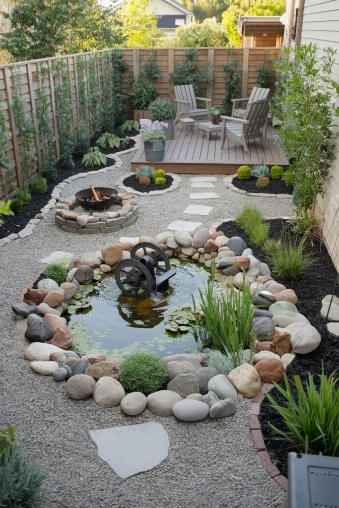 a tiny backyard with a few landscaping ideas. There is a small pond with a waterwheel, surrounded by rocks and greenery. There is a wooden deck with a few chairs. There is a fire pit with a ring of stones around it. The backyard is surrounded by a fence with greenery. The ground is covered with gravel.