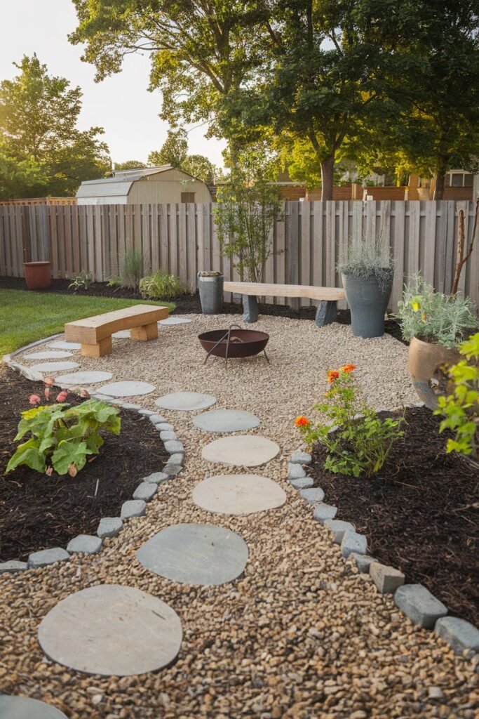 A small backyard landscaping idea with a gravel path, a few stepping stones, and a fire pit. There are also a few potted plants and a wooden bench. The background has a fence and a few trees.