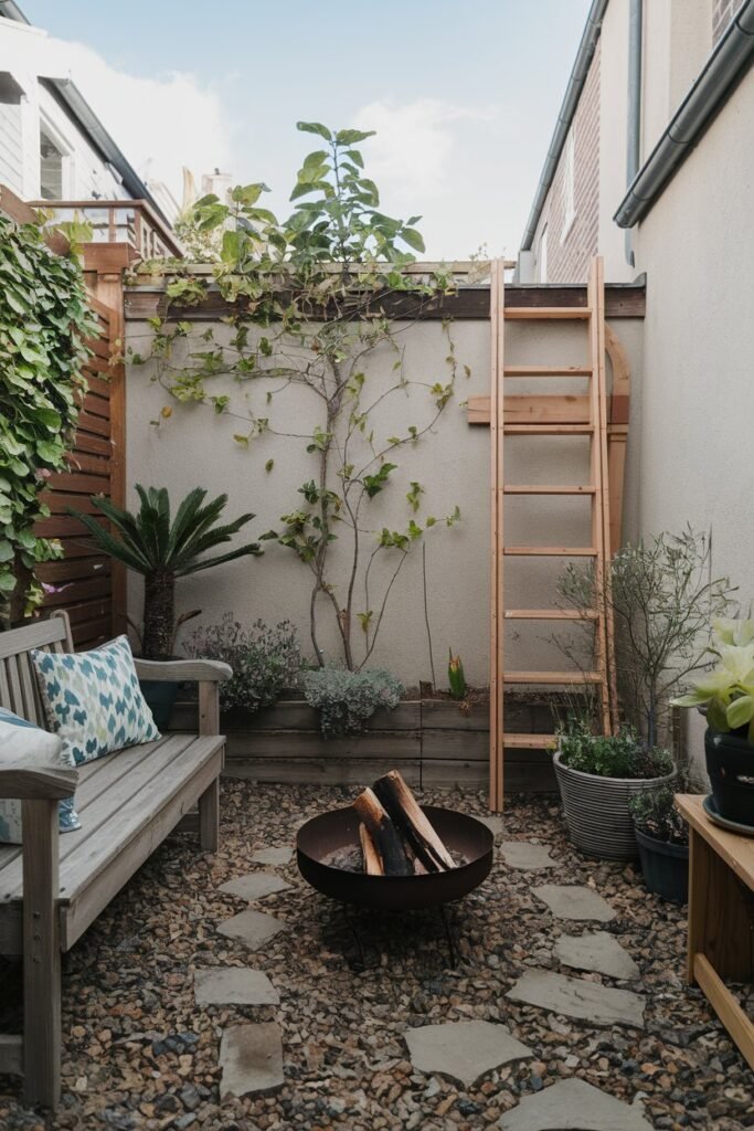 A cozy backyard with a wooden bench, a few potted plants, and a fire pit. The ground is covered with small rocks. There's a wooden ladder next to the wall. The wall has a few climbing plants. The sky is clear.