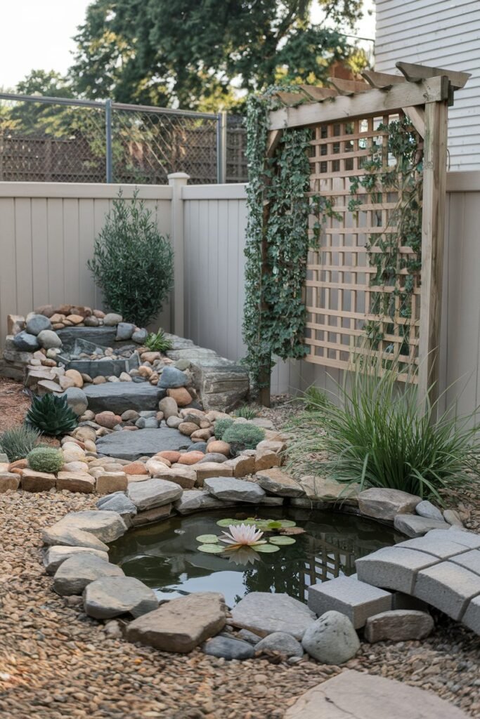 a tiny backyard with a few landscaping ideas. There's a small pond with a water lily and a stone bridge. There's a rock garden with various-sized rocks and a few plants. There's a wooden trellis with ivy growing on it. The ground is covered with gravel. The background has a fence and a few trees.