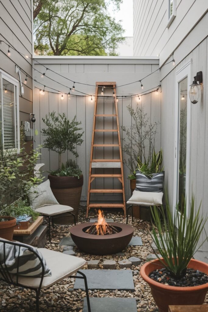 a tiny backyard with various landscaping ideas. There is a small, round fire pit with seating around it. A wooden ladder leans against a wall. There are potted plants scattered around the space. A string of lights is draped over the wall. The ground is covered with small stones.