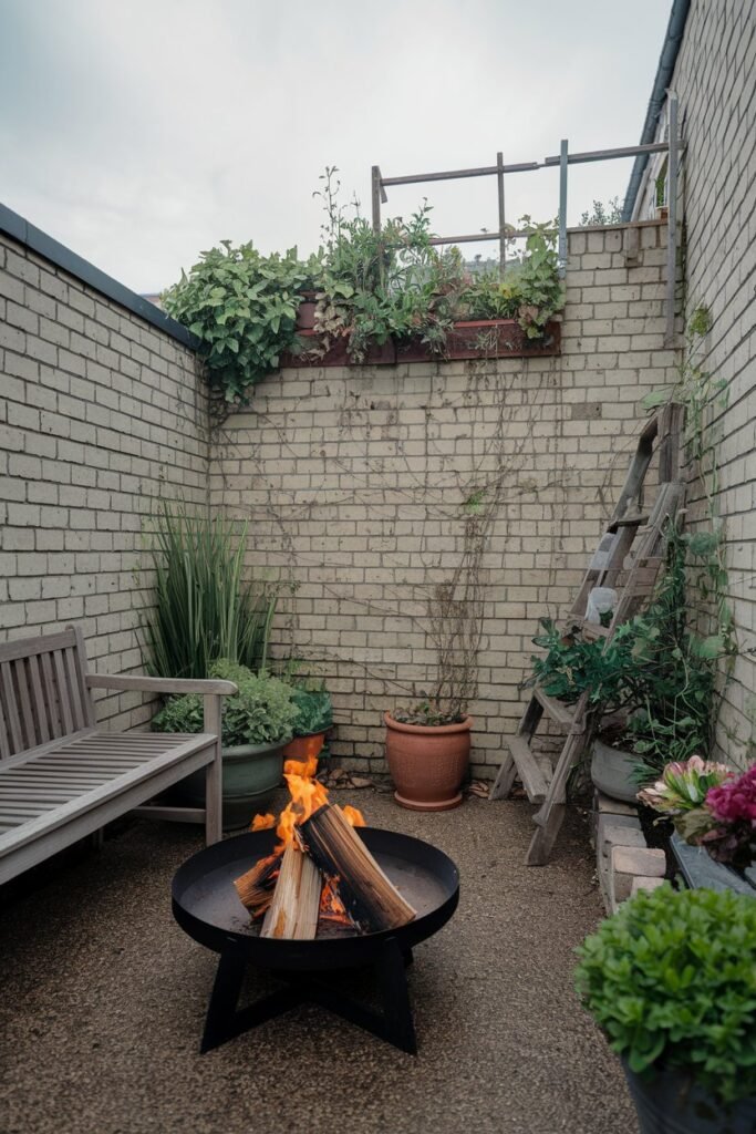 a tiny backyard with a fire pit, a wooden bench, and a few potted plants. The fire pit has a few logs burning. There is a wooden ladder leaning against the wall. The wall is made of bricks and has a few plants growing out of it. The ground is covered with gravel. The sky is overcast.