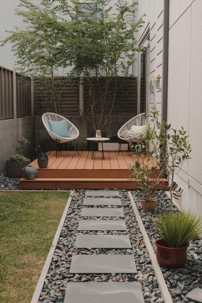 A small backyard with a gravel pathway leading to a wooden deck. The deck has a few chairs and a small table. There are a few potted plants along the pathway. The background has a fence and a wall. The ground is covered with green grass