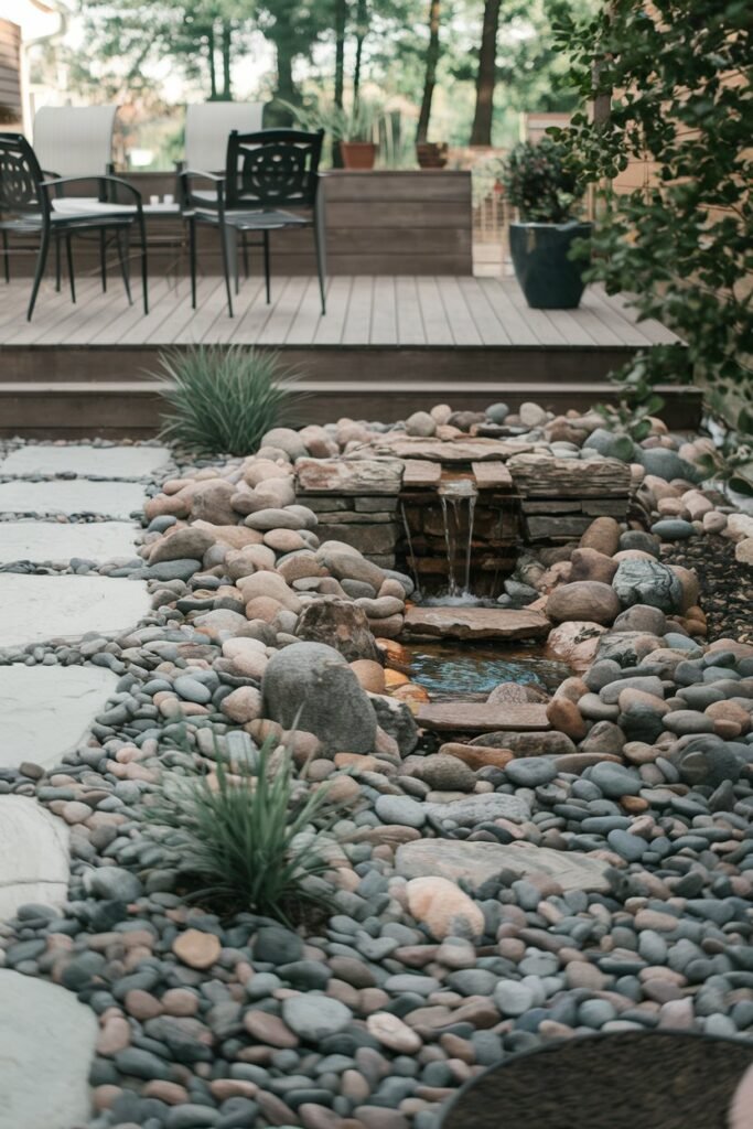 a small backyard with a few landscaping ideas. There is a wooden deck with a few chairs. There is a small rock garden with various sized rocks. There is a small water feature with a few rocks and a small waterfall. There is a few potted plants near the wooden deck. The background contains a few trees. The overall scene has a serene atmosphere.