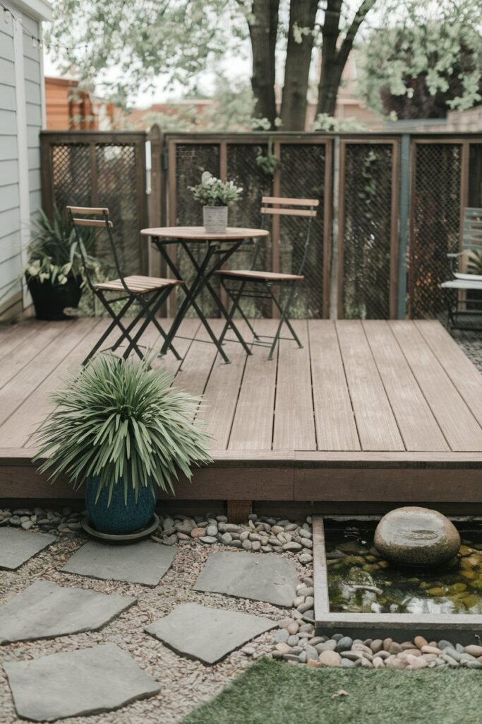 a small backyard with a wooden deck. There is a table and chairs on the deck. A potted plant is placed on the ground near the deck. The backyard has a few stones arranged in a pattern and a small water feature with a stone. The background has a fence and trees.