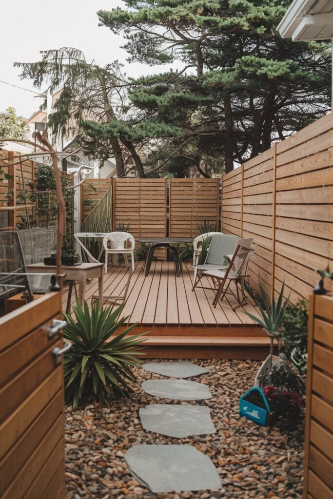 A small backyard with a wooden deck, a few chairs, and a table. A few plants are placed around the deck. There's a stone path leading to the deck from the gate. The fence is made of wooden slats. The background contains a few trees.