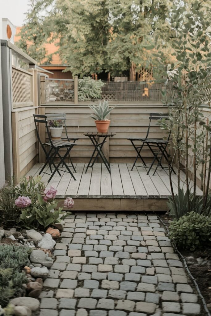 a tiny backyard with a cobblestone pathway leading to a small wooden deck. The deck has a few chairs and a small table. There's a potted plant on the deck. The garden has a few flowers and shrubs. The background has a fence and a few trees.