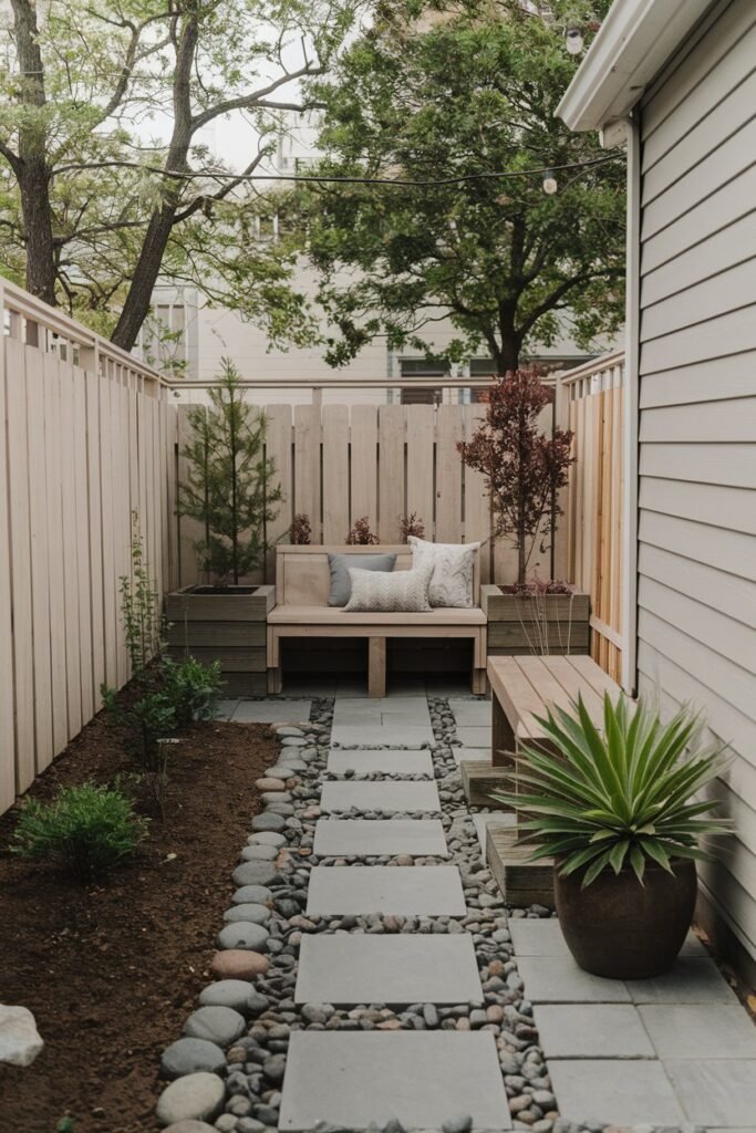 A tiny backyard with a few landscaping ideas. There's a small stone path leading to a wooden bench. There's a potted plant on the side. The background has a fence and some trees.