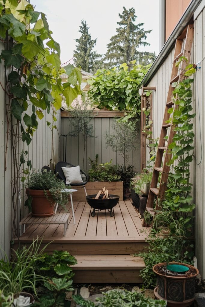 a tiny backyard with a wooden deck, a few potted plants, and a small fire pit. The deck is surrounded by lush greenery, with vines growing up the walls. There's a wooden ladder leaning against the wall. The background has a few tall trees.