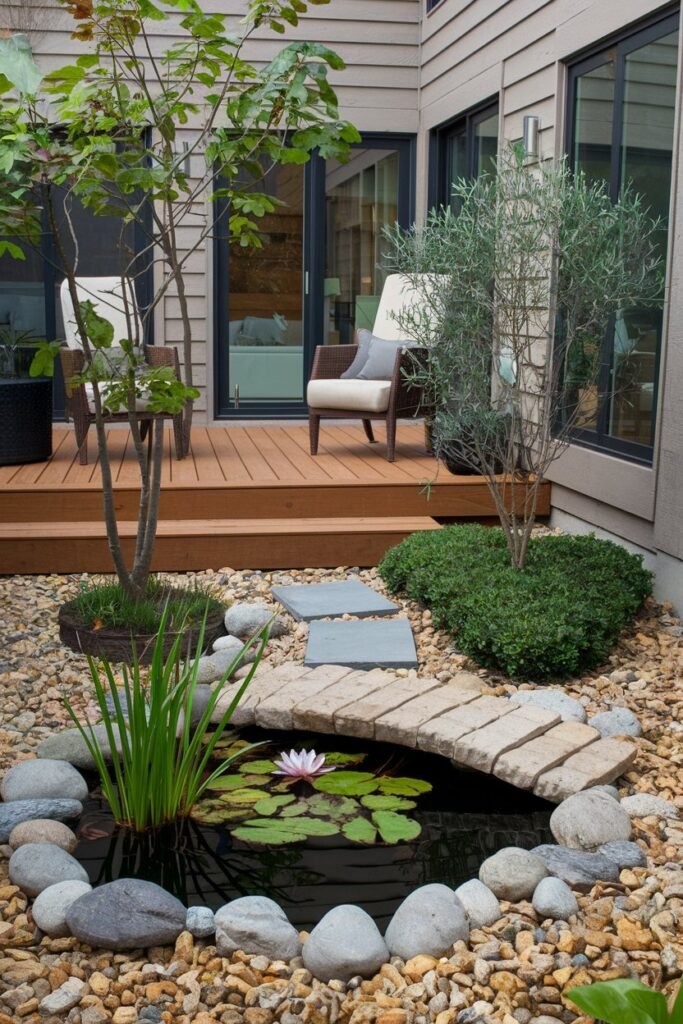 A small backyard with a few landscaping ideas. There's a wooden deck with a few chairs. There's a small pond with water lilies and a stone bridge. There are a few plants, including a tree and some bushes. The ground is covered with gravel. The background has a few windows.