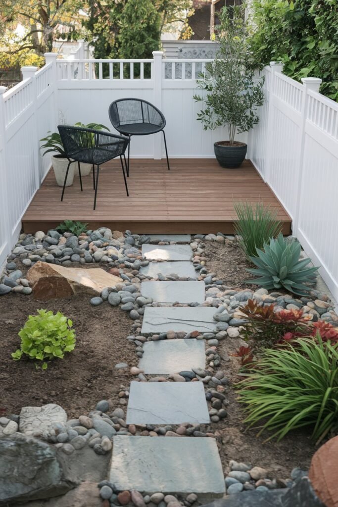 a tiny backyard with a few landscaping ideas. There is a small wooden deck with a few chairs. There is a potted plant near the deck. There is a stone pathway leading to the deck. There is a small rock garden with various rocks and a few plants. The backyard is surrounded by a white picket fence. The background contains a few trees.