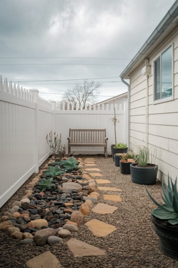 a tiny backyard with a small rock garden, a few succulents in pots, and a wooden bench. The rock garden has a winding path made of stones. There is a white picket fence surrounding the backyard. The ground is covered with gravel. The sky is overcast. There is a building with a window in the background.