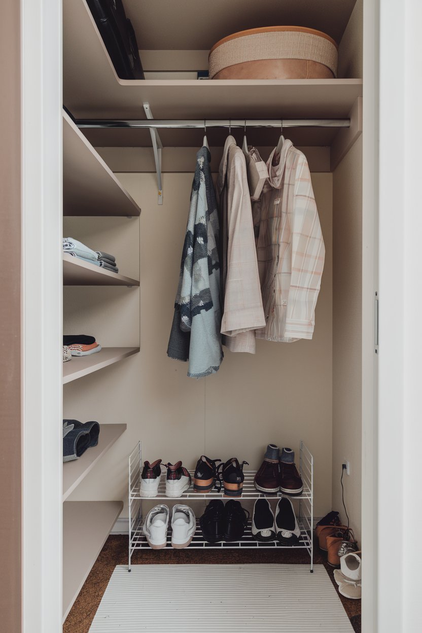 a small closet with a few items hanging up. The closet has a few shelves and a rod. There's a white shoe rack below the rod with a few shoes. The floor is covered with a white mat. The background is a beige wall.
