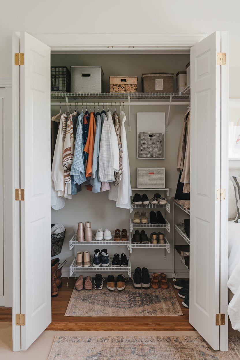 a small closet with several organization ideas for a bedroom. There is a shelf near the top of the closet for storing infrequently used items. Below the shelf, there is a hanging rod for clothes. There are also small shelves for storing shoes and other items. The floor of the closet is clear, with a small rug to catch any dirt.