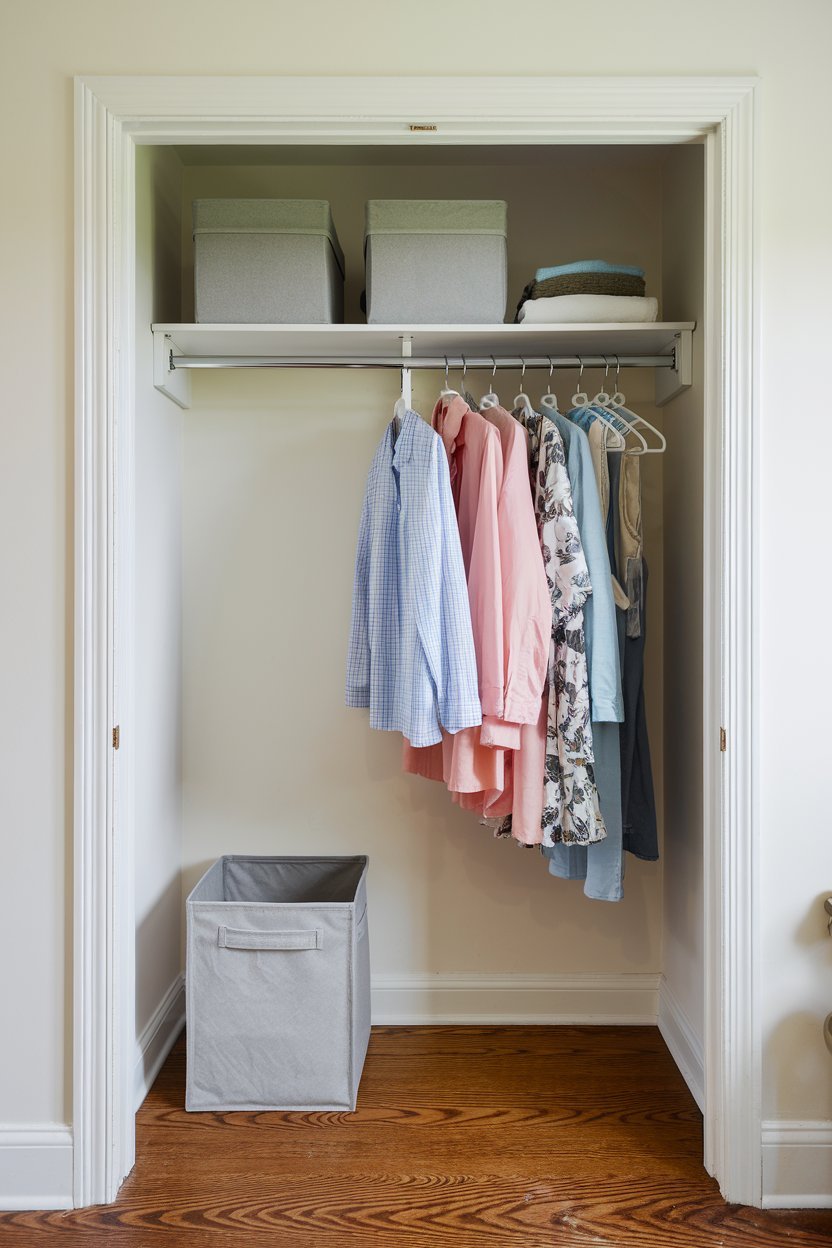 a small closet with a few organization ideas for a bedroom. There is a hanging rod for clothes and a shelf above it. On the floor, there is a storage bin. The walls are painted white. The closet is in a room with hardwood floors.