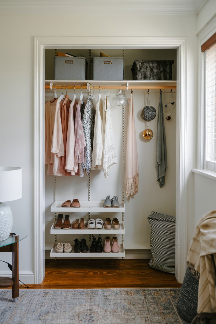 a small closet with organization ideas for a bedroom. There is a hanging rod for clothes, a shelf for shoes, and a few hooks for accessories. The closet is painted white and has a small window. The room has a wooden floor and a rug. There is a lamp on the floor.