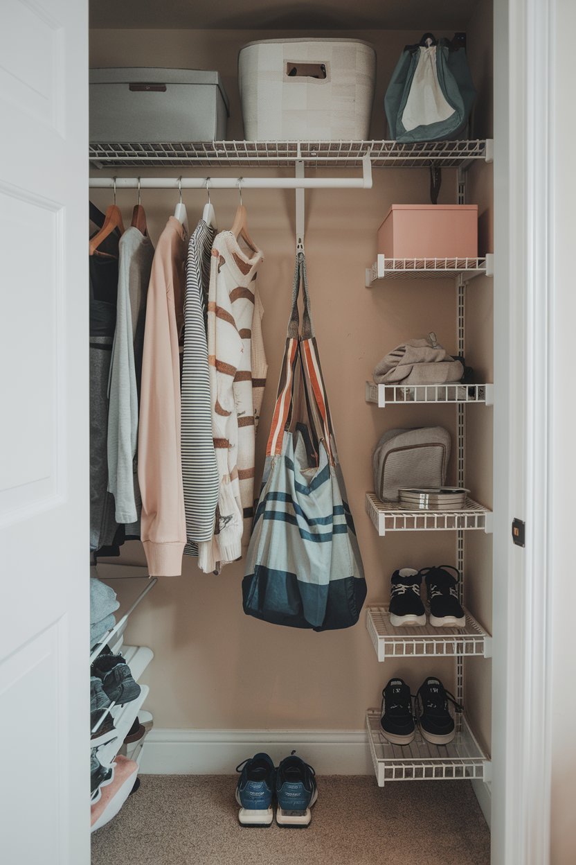 a small closet with a few organization ideas for bedrooms. The closet has a rod for hanging clothes and a few shelves for storing items. There is a bag hanging on the rod and a pair of shoes on the floor. The shelves hold a few items, including a box and a bag. The background is a wall with a door.