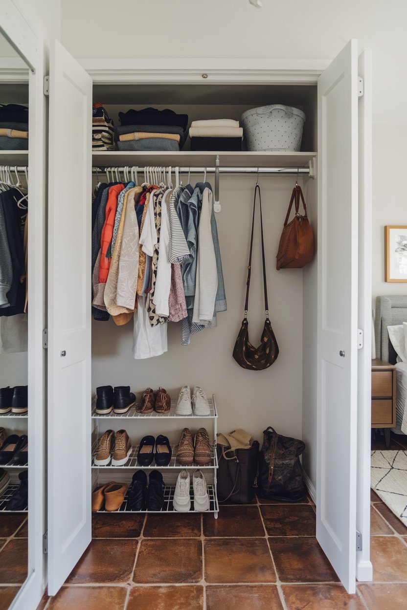 a small closet with a few organization ideas. There is a hanging rod for clothes, a shelf for shoes, and a few hooks for bags. The floor is tiled. The background is a bedroom with a bed and a nightstand.