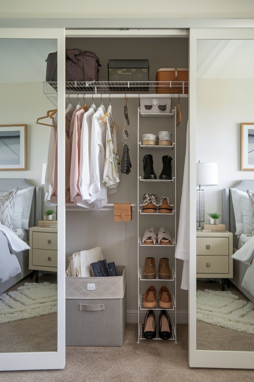 a small closet with multiple organization ideas for a bedroom. The closet has a bar for hanging clothes, a shelf for storing shoes, and a rod for hanging accessories. There's also a storage box on the floor for additional items. The closet door has a mirror. The background is a bedroom with a bed, nightstand, and lamp.