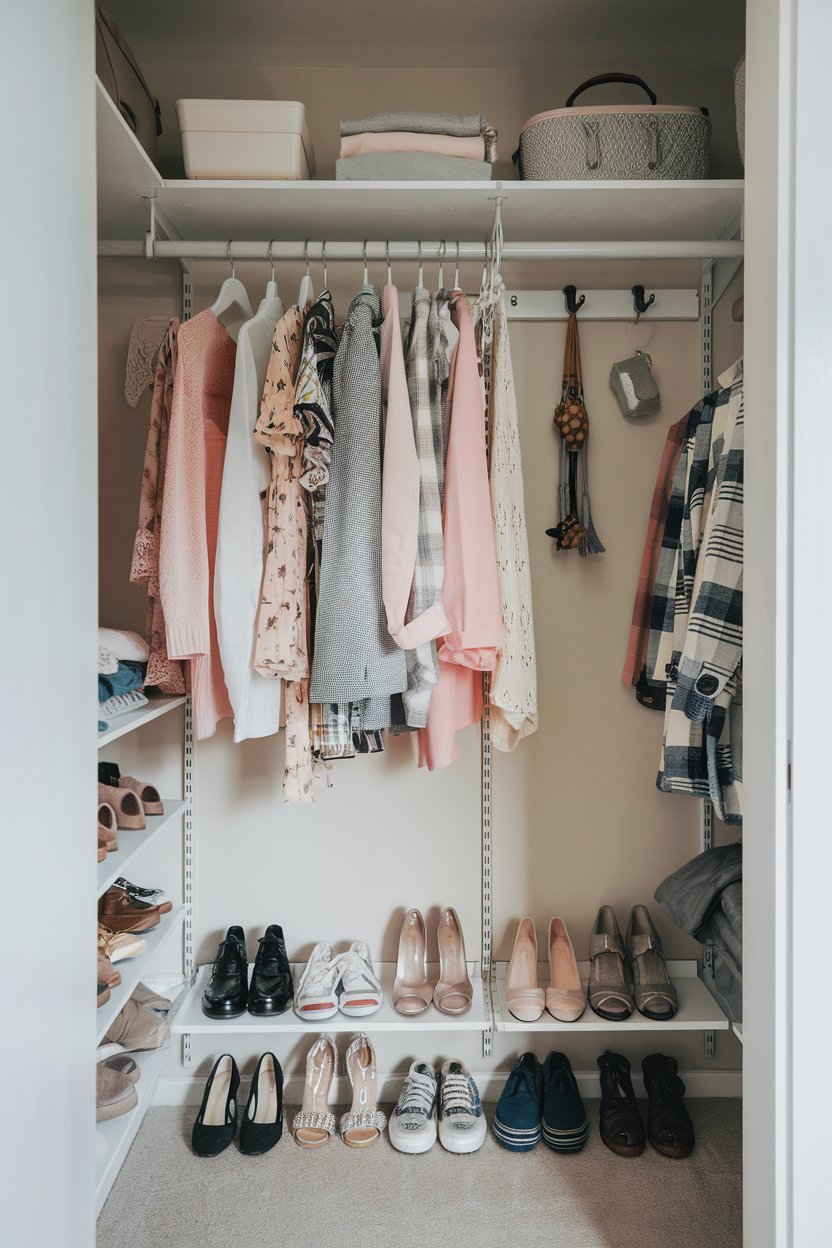 a small closet with organization ideas for a bedroom. There is a hanging rod for clothes, a shelf for shoes, and a few hooks for accessories. The floor is neatly organized with more shoes. The lighting is soft.