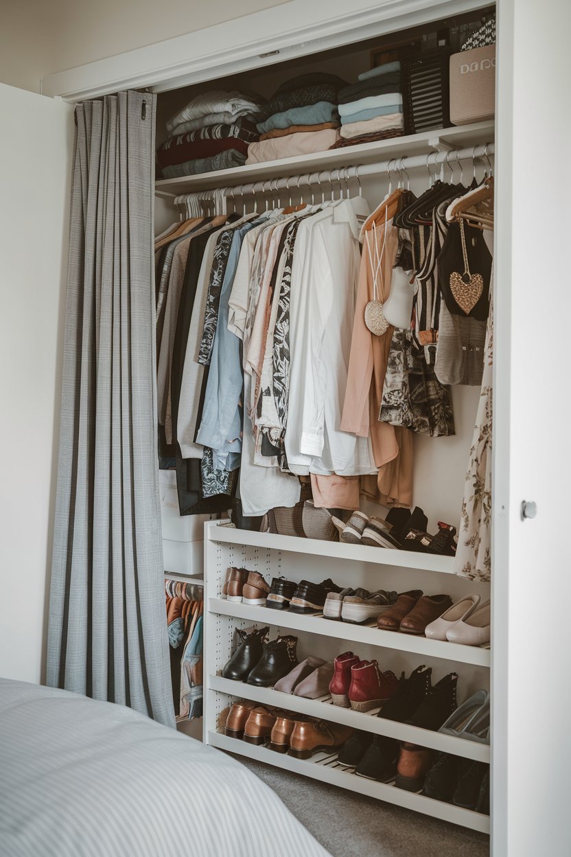 a bedroom with a small closet. The closet is filled with clothes and accessories. There is a hanging rod for shirts and dresses, while the lower shelves hold shoes and boots. A curtain is used to separate the hanging and shelving areas. The closet door is open, revealing the organized chaos within.