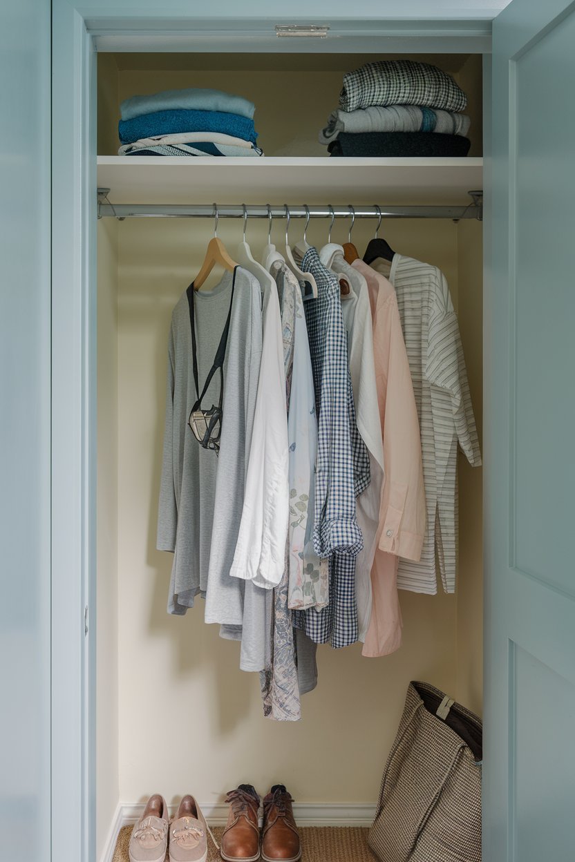 a small closet in a bedroom. There is a hanging rod for clothes at the top, followed by a shelf for storage. A few hangers are hanging on the rod, and there are a few folded clothes on the shelf. The bottom of the closet has a few items, including a pair of shoes and a bag. The background is a wall painted in light blue.