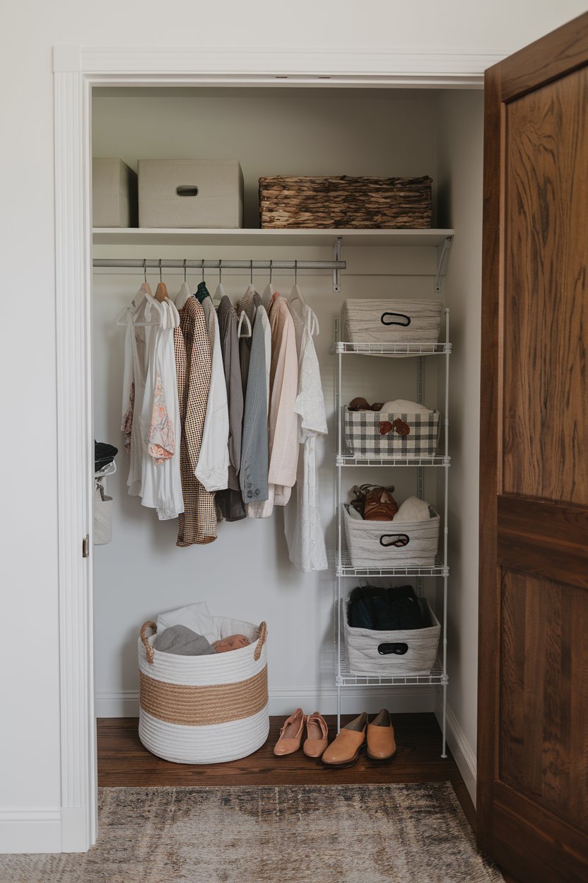 a small closet with a few organization ideas for bedrooms. There is a shelf at the top, a hanging rod for clothes, and a few baskets for smaller items. The closet is painted white and has a wooden door. The floor is covered with a rug.