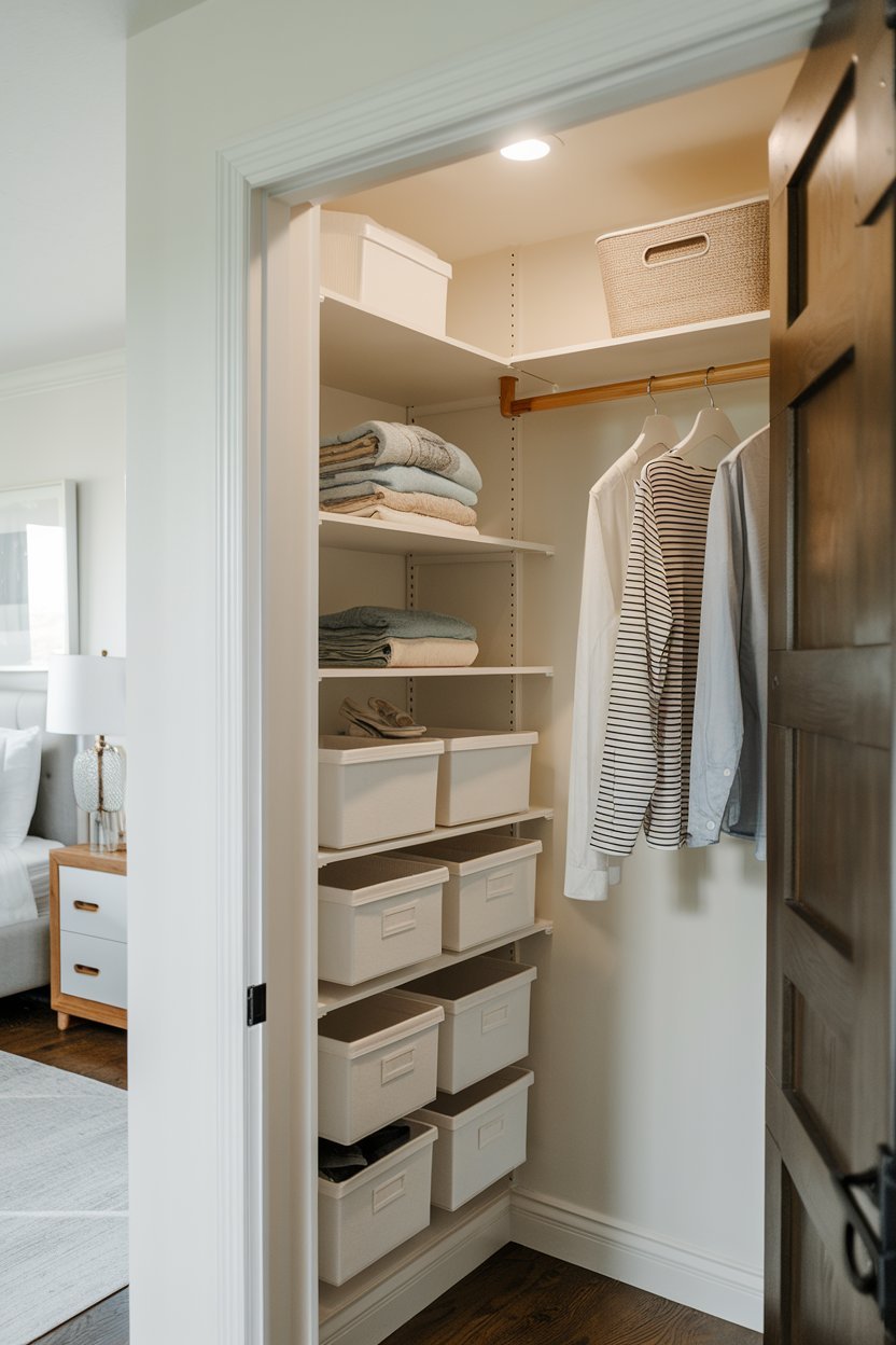 a small closet with organization ideas for a bedroom. There are multiple shelves, a hanging rod, and a few storage bins. The closet is painted white and has a wooden door. The lighting is bright. The background is a bedroom with a bed, a nightstand, and a lamp.