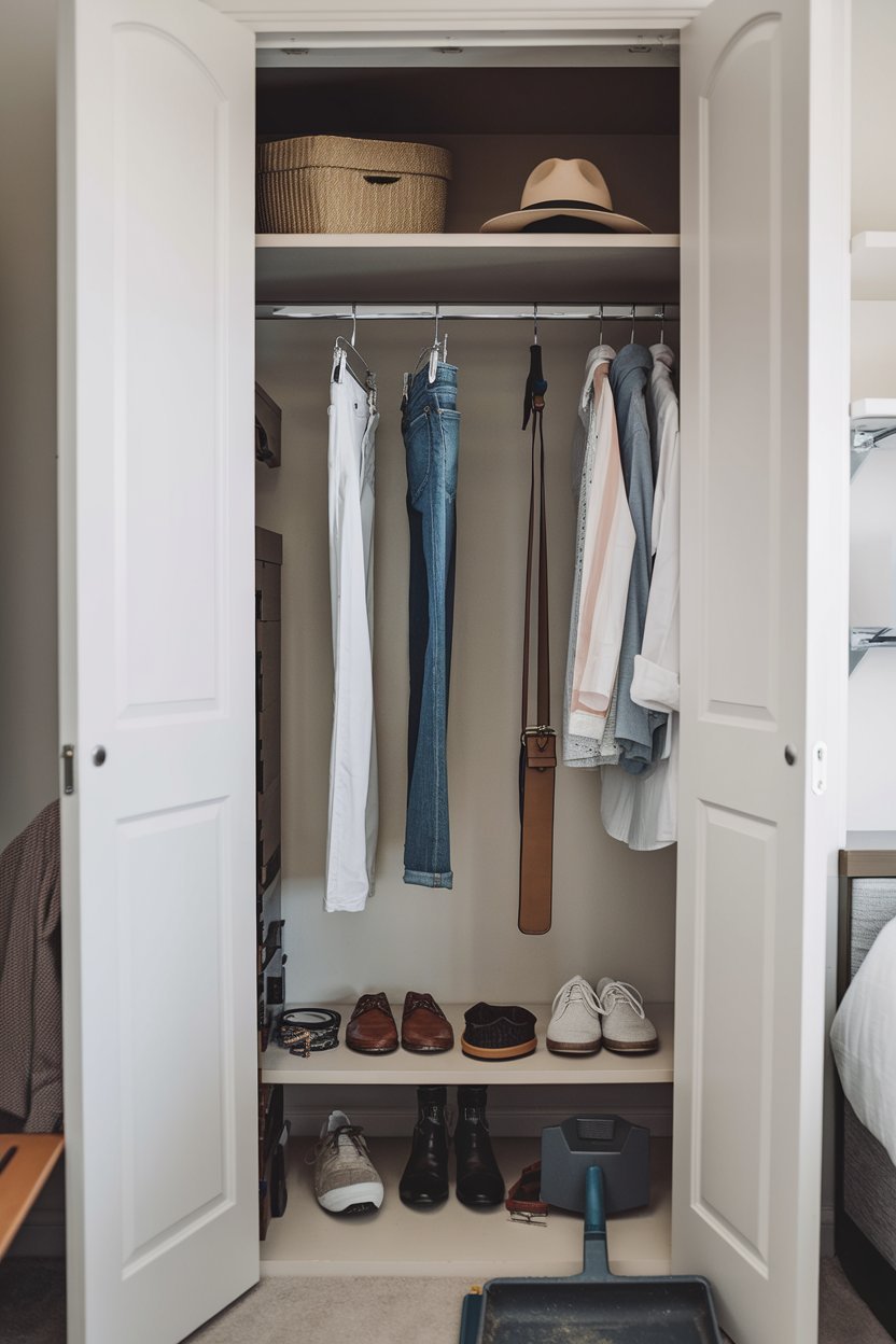a small closet with a few hanging clothes and a shelf with a few accessories. The closet has a rod for hanging clothes and a shelf for storing accessories. There's a slim pair of pants and a few shirts hanging on the rod. On the shelf, there's a pair of shoes, a belt, and a hat. The floor of the closet is clean and there's a dustpan near the door. The background is a bedroom with a door.