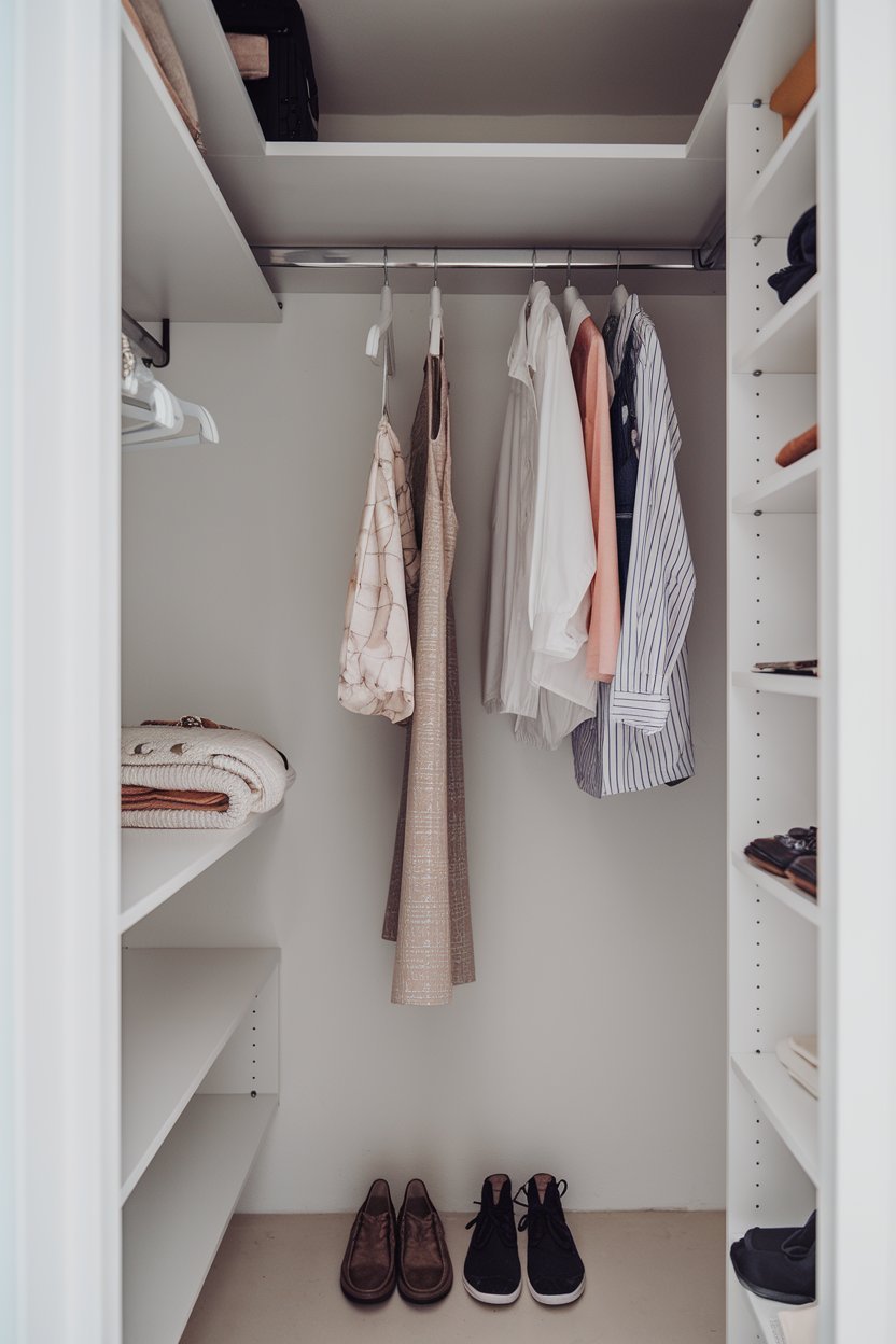A small closet with a few hanging rods and a few shelves. There are a few clothes on the rods, including a dress, a skirt, and a few shirts. There is a pair of shoes on the floor. There is a sweater folded and placed on one of the shelves. The lighting is bright and the closet is clean.