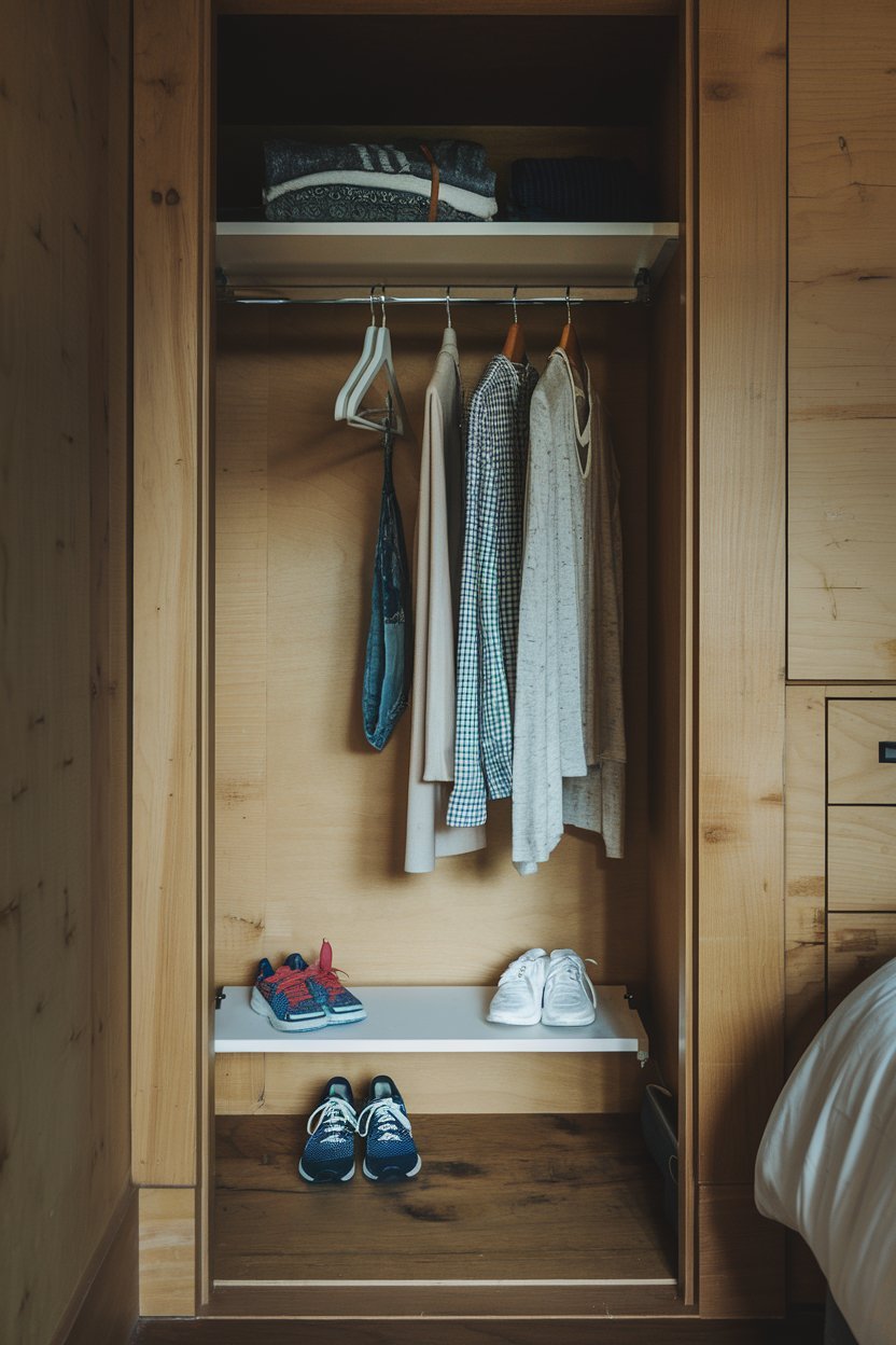 a small closet with a few hangers and a shelf. There is a pair of shoes on the floor. The closet is in a bedroom setting. The walls and floor are made of wood.