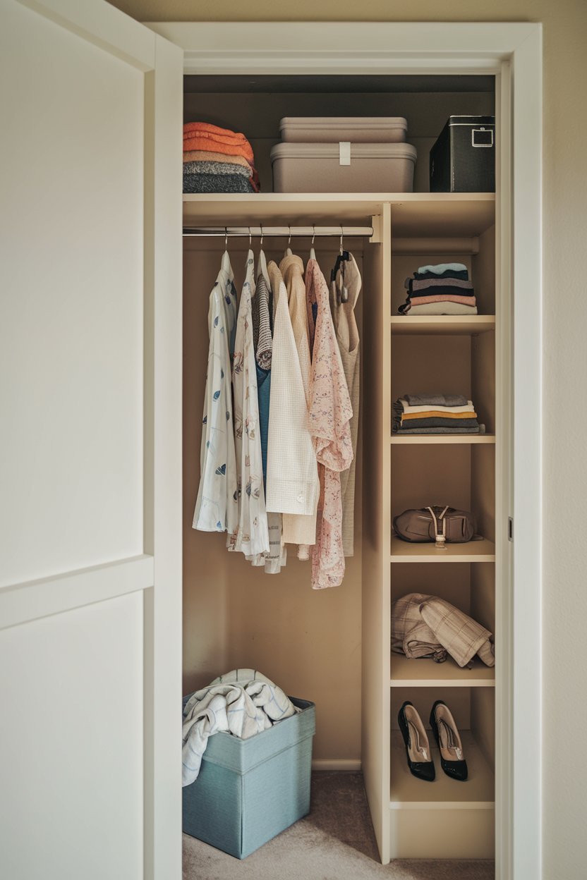 a small closet with a few items. There is a hanging rod for clothes and a few shelves. On the floor, there is a box. The closet door is open, revealing the organized space. The background is a beige wall.