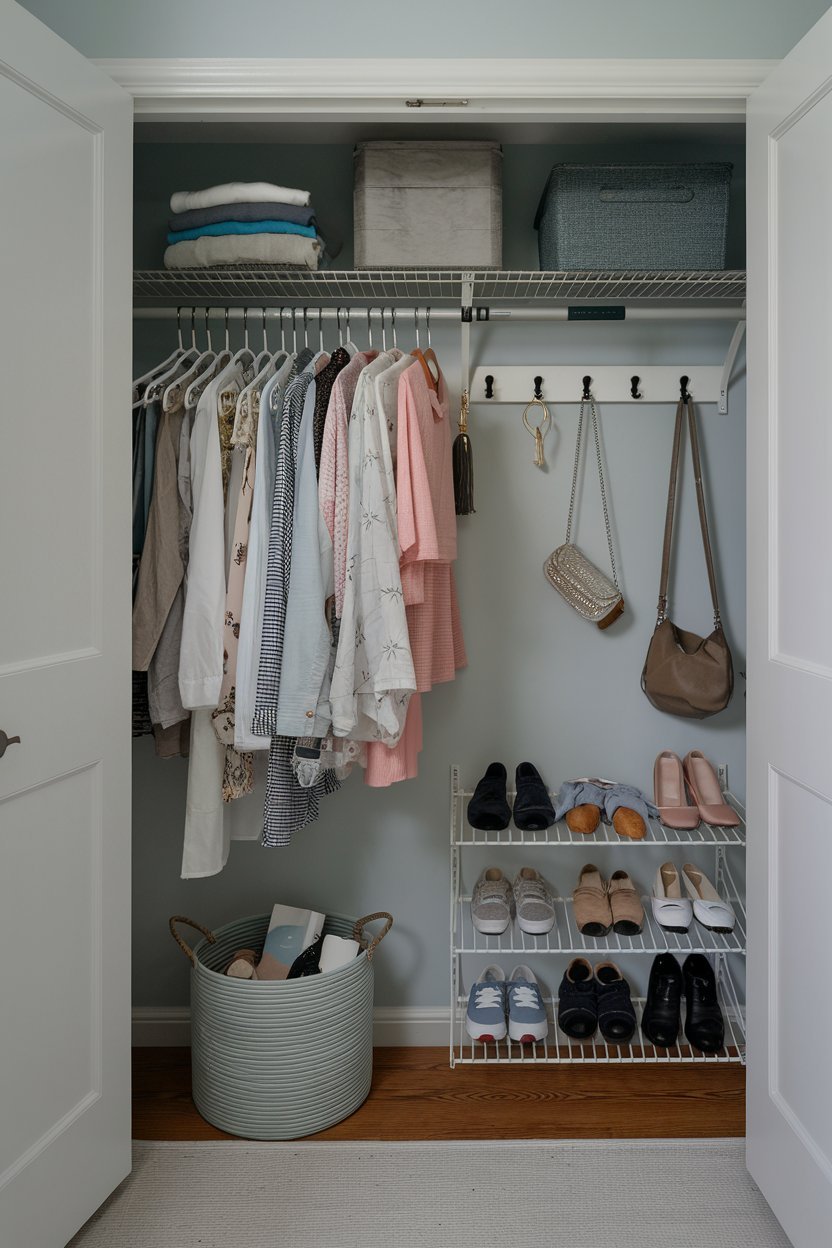a small closet being organized for a bedroom. There's a hanging rod for clothes, a few hooks for accessories, and a shelf for shoes. There is also a small basket for miscellaneous items. The closet is painted in a light blue hue, and the floor is covered with a light gray rug.