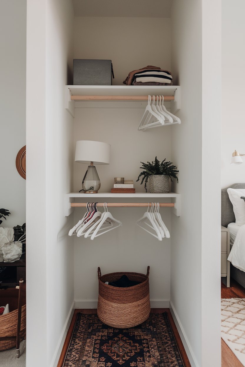a small closet with a few hangers and a shelf. The shelf has a few items on it, including a lamp and a plant. There is a rug on the floor of the closet. The walls of the closet are bare. The background is a bedroom with a bed and a nightstand.