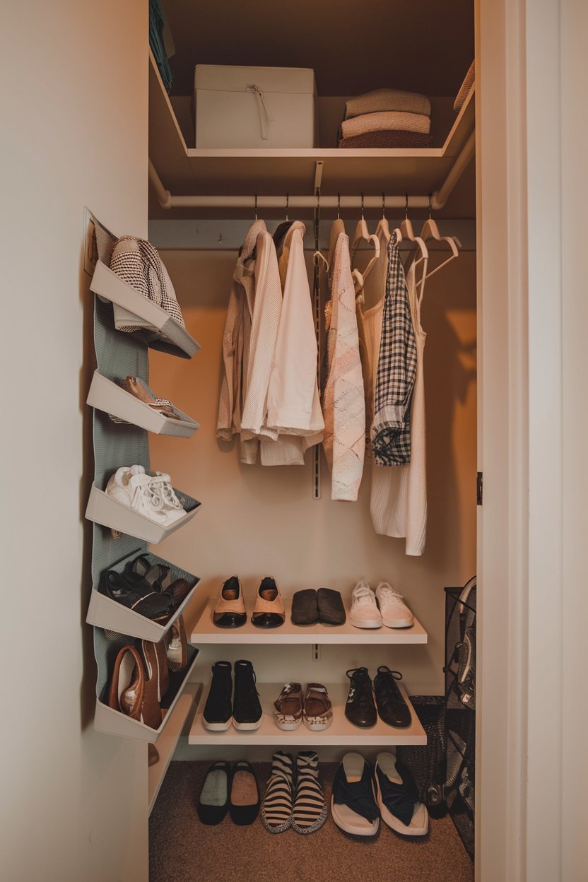 A small closet with a few hanging clothes and a few shelves with shoes and accessories. There's a hanging shoe organizer on the back of the door. The floor is carpeted. The lighting is warm.