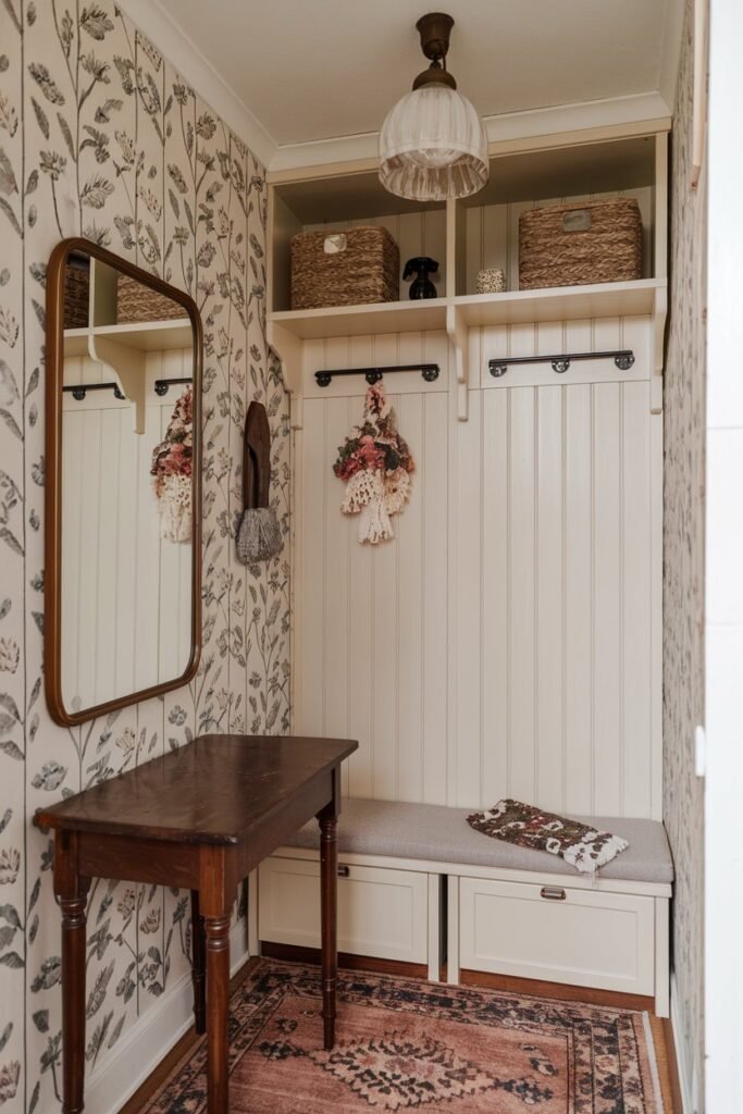 A small hall with a mirror, a wooden table, a shelf with storage, a light fixture, and a bench. The wall has a floral wallpaper. There are decorative items on the shelf. The floor is covered with a rug.