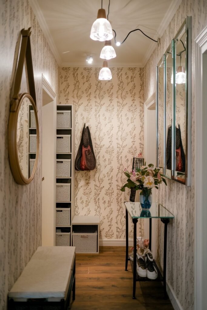 a small hallway with decorative ideas. There is a mirror hanging on the wall. There is a table with a vase of flowers. There is a storage unit. There are lights hanging from the ceiling. There is a bench. The walls have a wallpaper with a floral pattern.