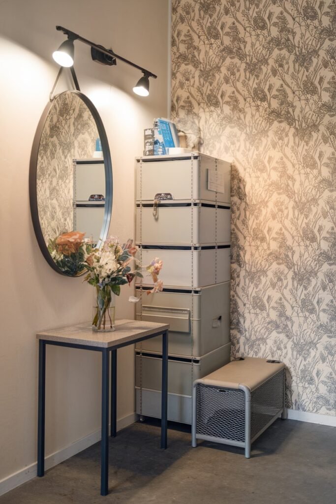 a small hall with a mirror, a table, a storage unit, lights, a bench, and a wallpaper with a floral pattern. The mirror is hung on the wall above the table. The table has a vase with flowers. The storage unit has a few items. The lights hang above the table. The bench is placed near the storage unit. The wallpaper has a floral pattern.