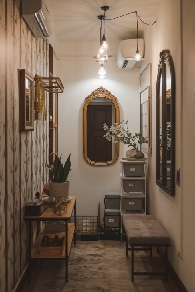 A small hall with hallay decor ideas. There is a mirror on the wall. There is a table with a plant. There is a storage unit. There are lights hanging from the ceiling. There is a bench near the wall. The wall has a wallpaper with a floral pattern.