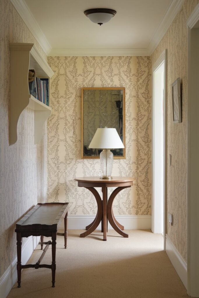 a small hall with a mirror, table, storage, lights, bench, and wallpaper. The hall has a beige wall with a floral pattern and a beige carpet. There is a wooden bench against the wall. A wooden table with a white lamp is placed in the middle of the hall. There's a mirror above the table. The wall has a decorative shelf with books. The ceiling has a light fixture.