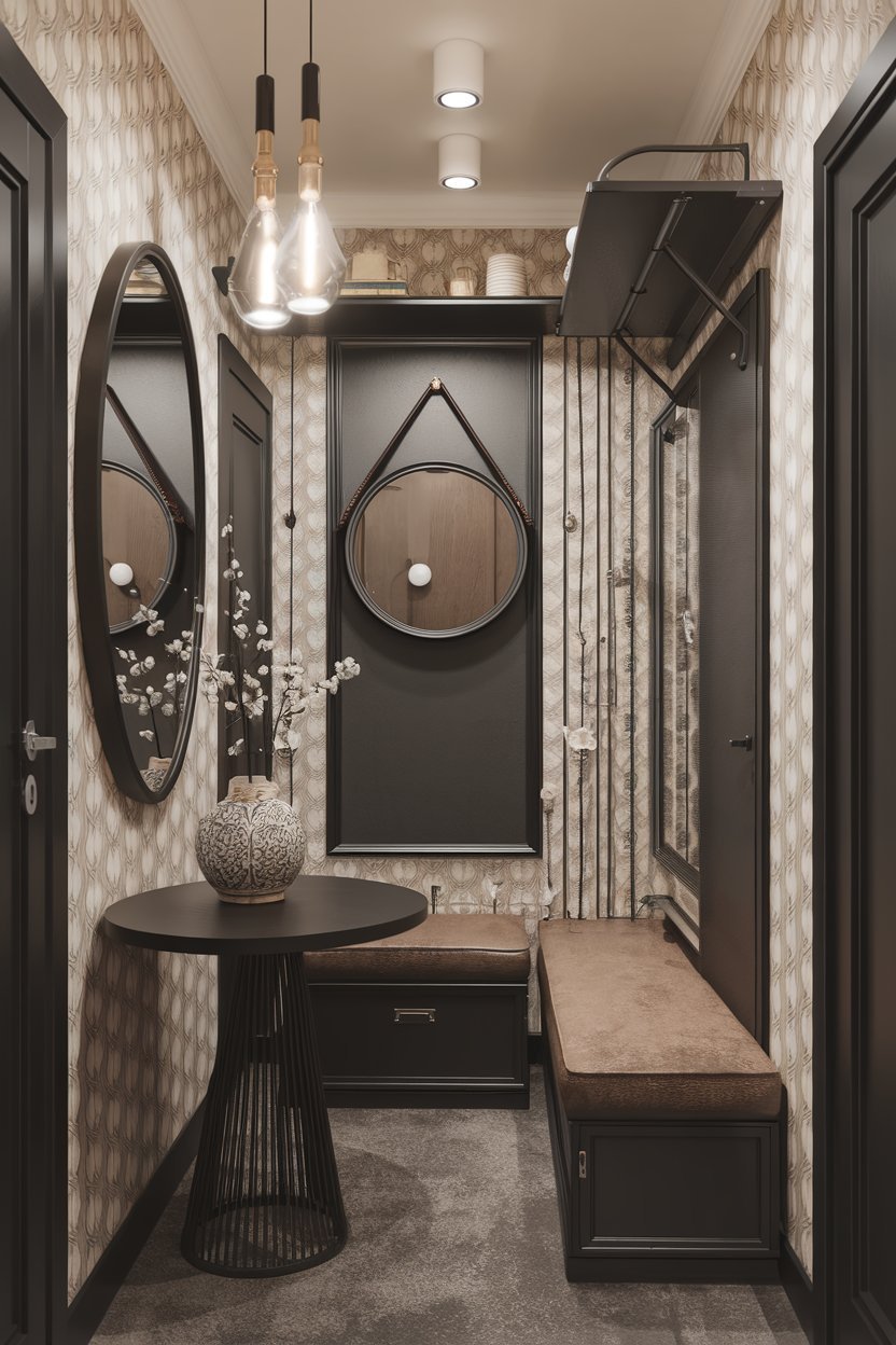 A small hallway with a few decor ideas. There is a round table with a decorative vase and a mirror hanging on the wall. There is a bench against the wall and a storage cabinet beneath the mirror. The walls have a patterned wallpaper. There are hanging lights above the table.