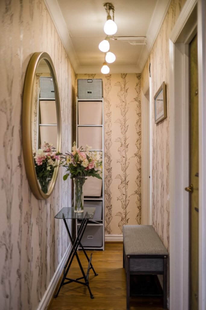 a small hallway with a mirror on the wall. There is a table with a vase of flowers beside the mirror. There is a storage unit against the wall. There are lights hanging from the ceiling. There is a bench at the end of the hallway. The walls have a wallpaper with a floral pattern. The floor is made of wood.